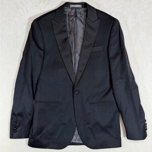 Elegant Indochino 40R Slim Fit Black Full Tuxedo Wool Smoking Jacket 2 Piece Set